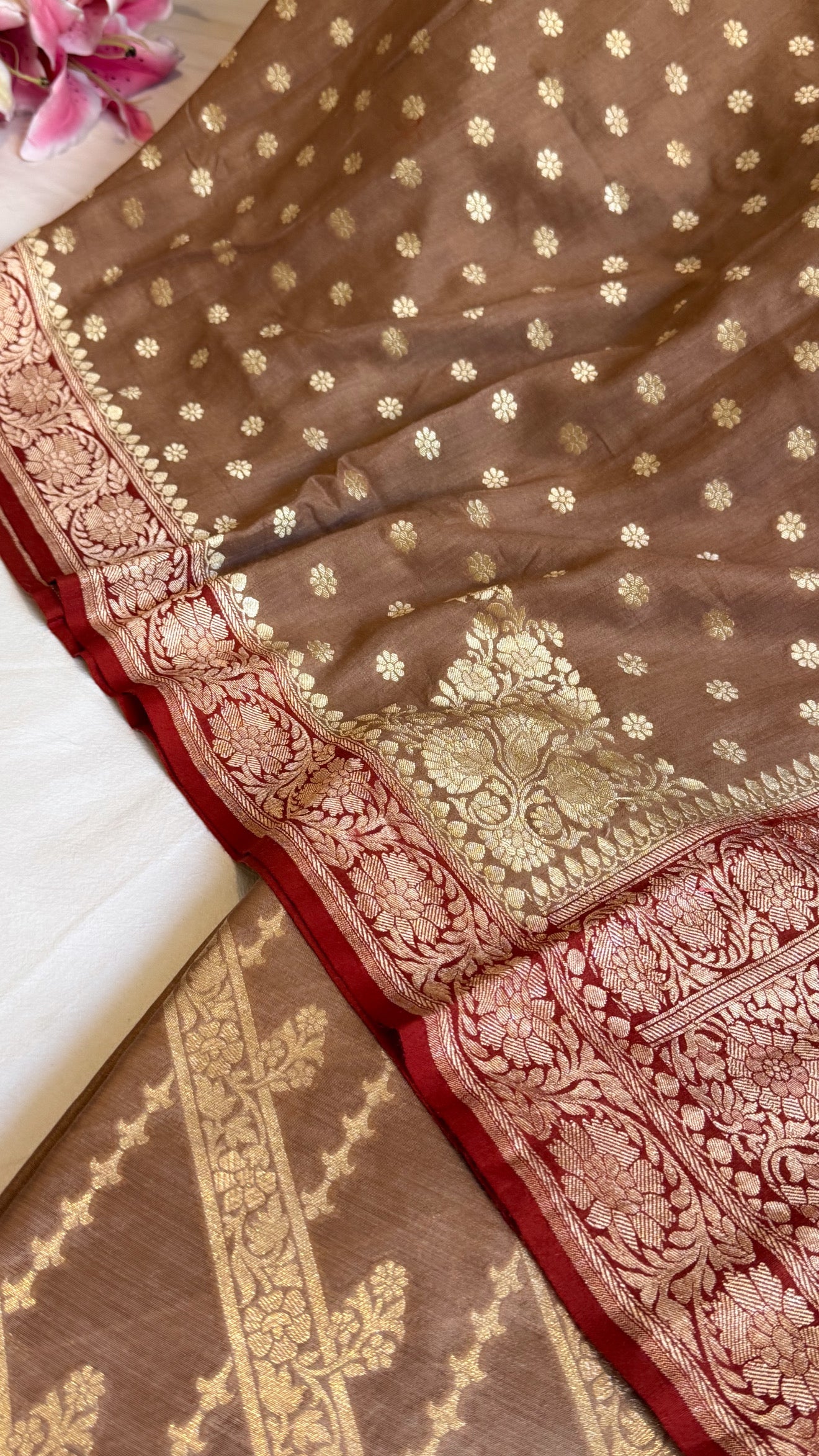 Banarasi rose brown-red chiniya silk kurta paired with moonga silk duppata set
